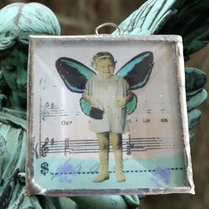 Hand Crafted Vintage Soldered Glass Charm Leaded Glass "shop till you drop"